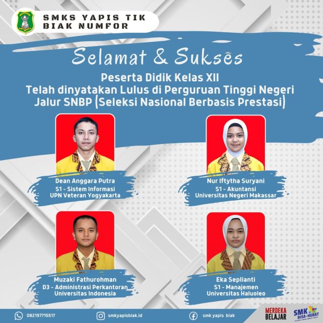 Selamat dan Sukses bagi Peserta Didik kelas XII yang Lulus di Perguruan Tinggi Negeri melalui seleksi jalur SNBP